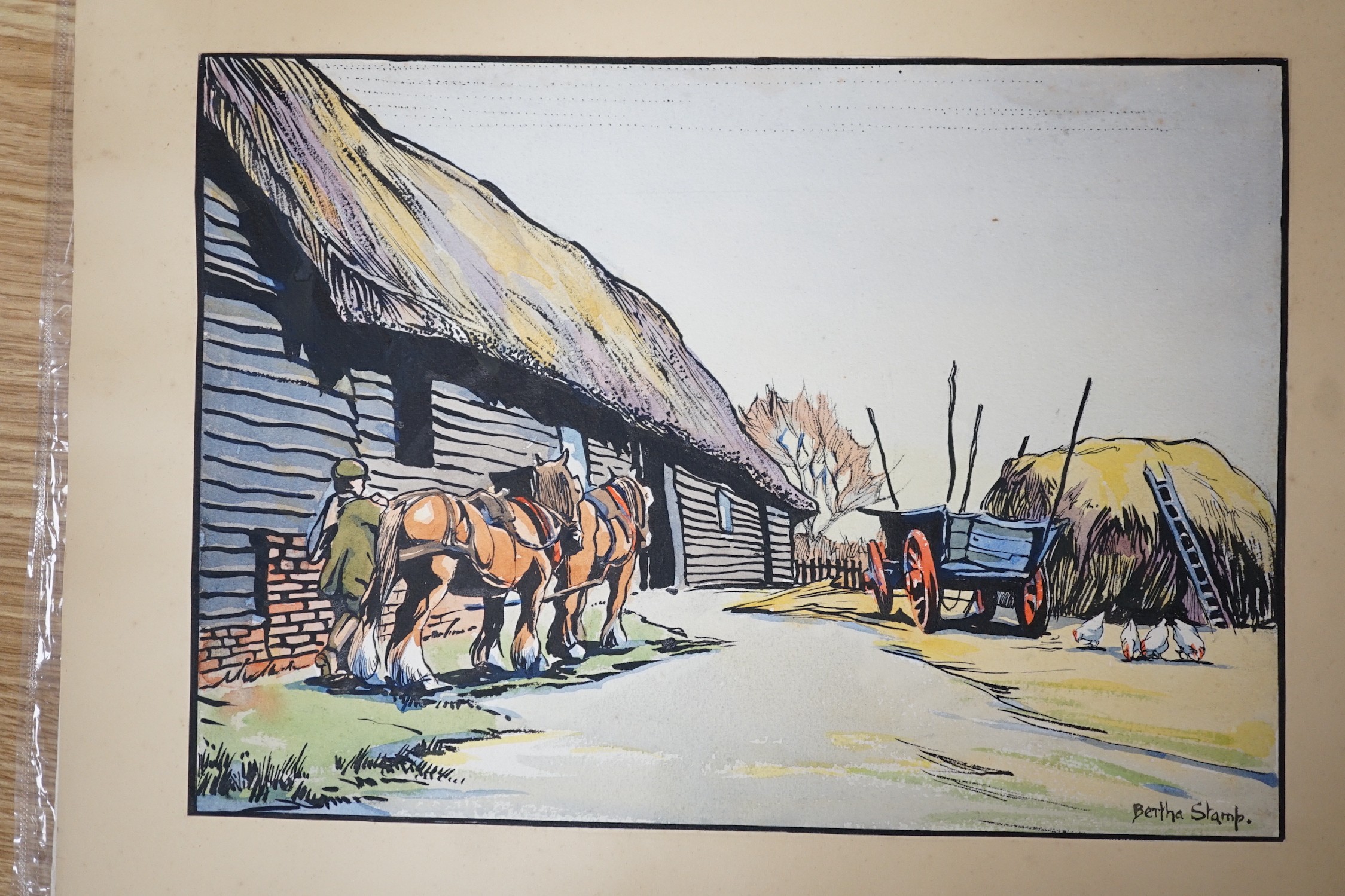 Bertha Stamp, four ink and watercolour postcard designs, vintage country scenes with working horses, signed, overall 29 x 39cm, unframed